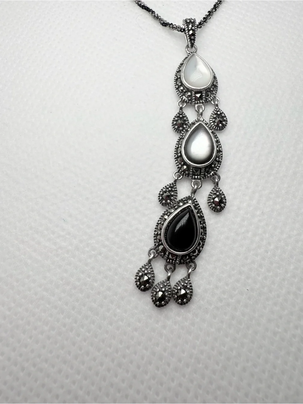 Vintage Italian Art Deco Marcasite Onyx Mother of Pearl Chandelier Drop Necklace
